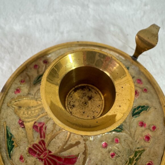 Vintage Enameled Cloisonne Brass Christmas Candlestick Candle Holder Made India - Picture 8 of 8